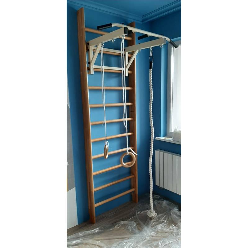 Шведская стенка деревянная из ламельного бука - БУК СТАНДАРТ - СТ+ (стенка + турник семейный + канат + кольца деревянные)